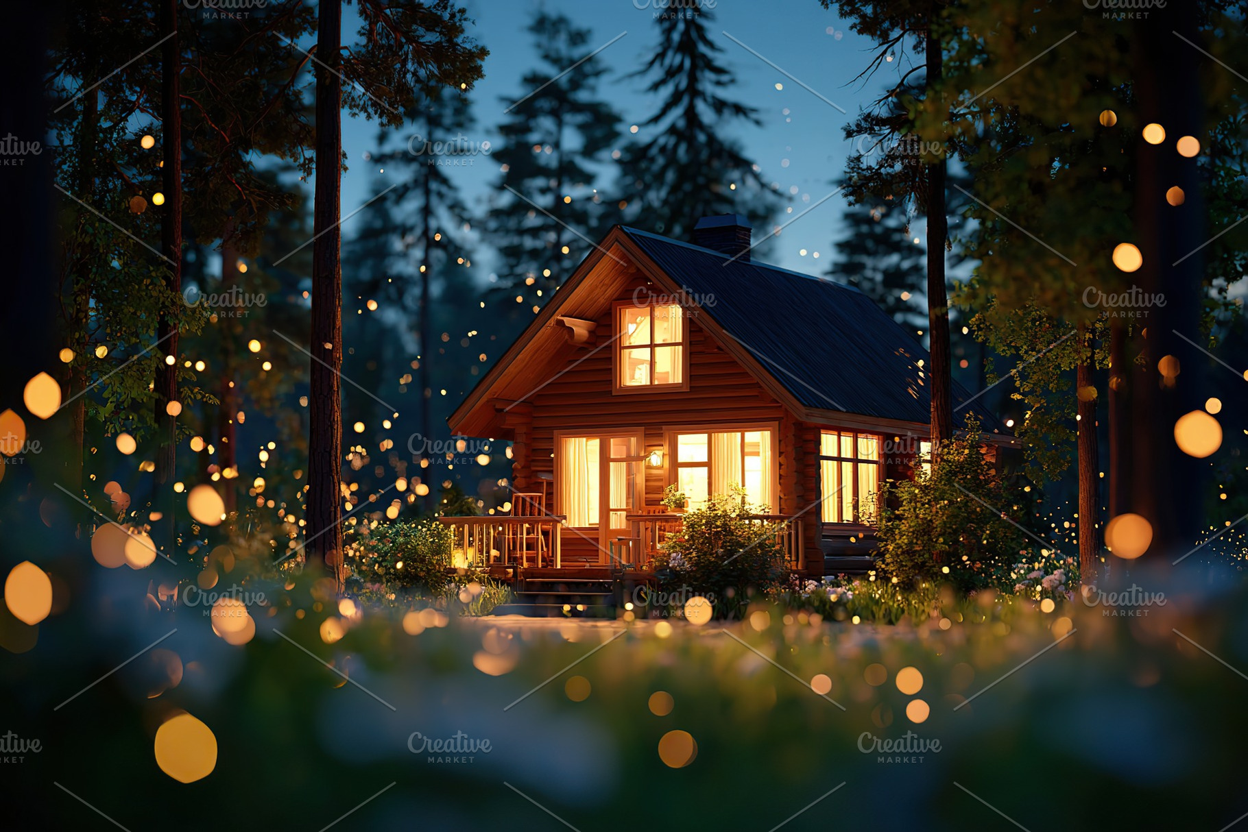 Dacha house illuminated at night surrounded by warm light and serene nature, a Photo by AlyaAnd