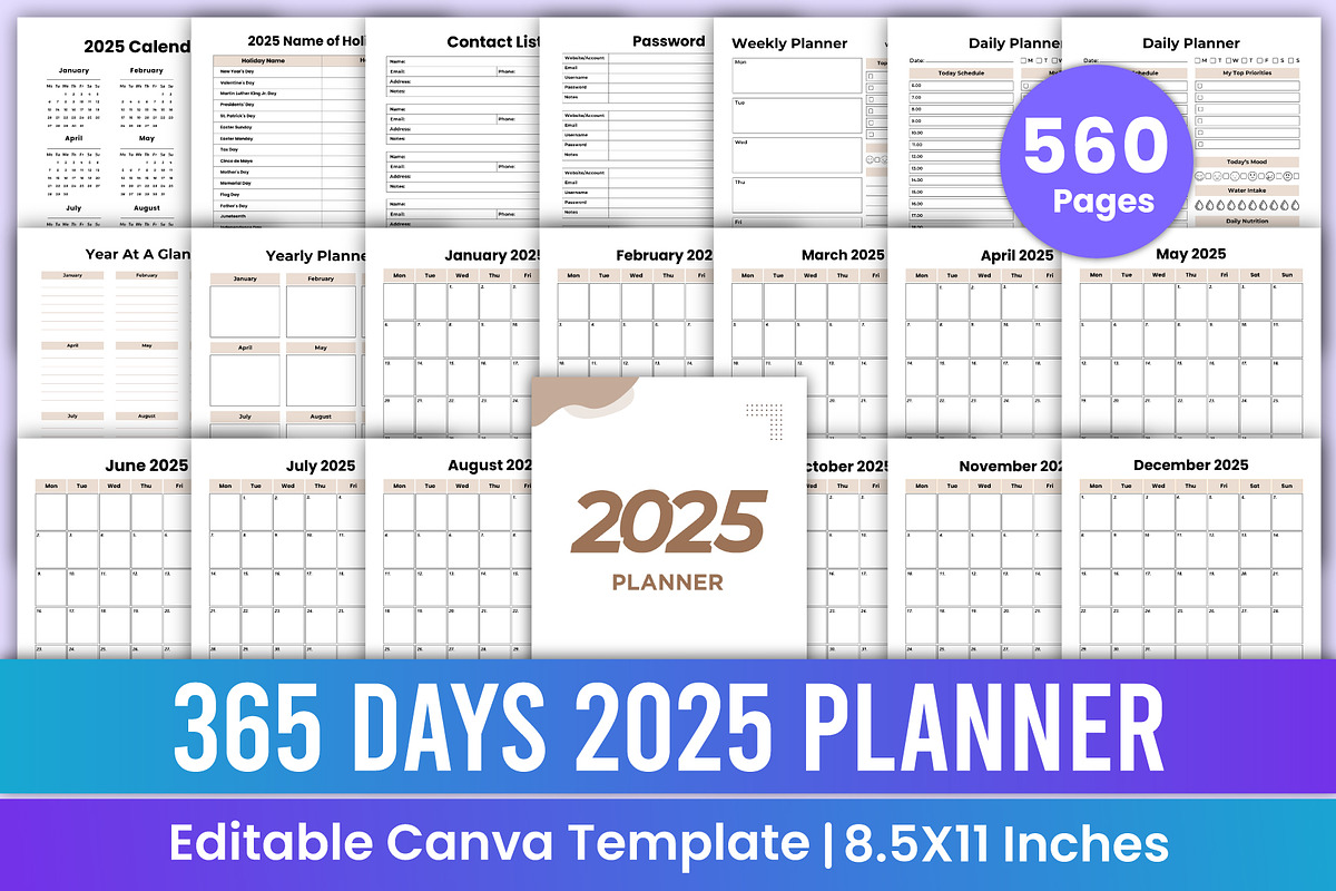 365 Days 2025 Planner Canva Interior, a Stationery Template by Mustafiz (Photo 1 of 8)