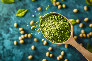 Green matcha powder on wooden spoon, a Food & Drink Photo by Photostock