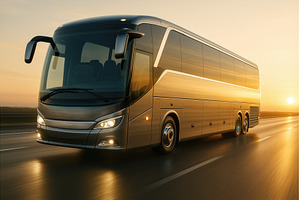A modern luxury coach bus driving on, a Transportation Photo by Sergey Kotenev
