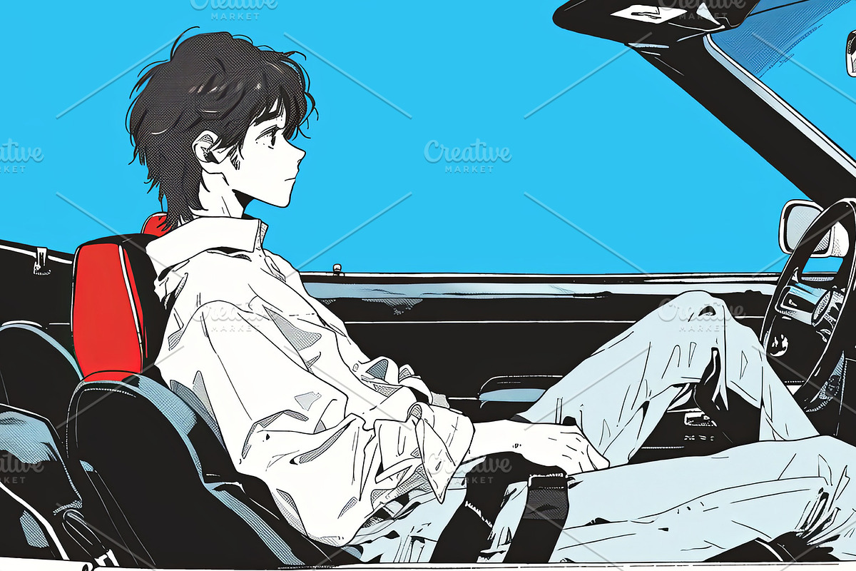 Stylish young man in white shirt sitting in a convertible car, an Illustration by AS photostudio