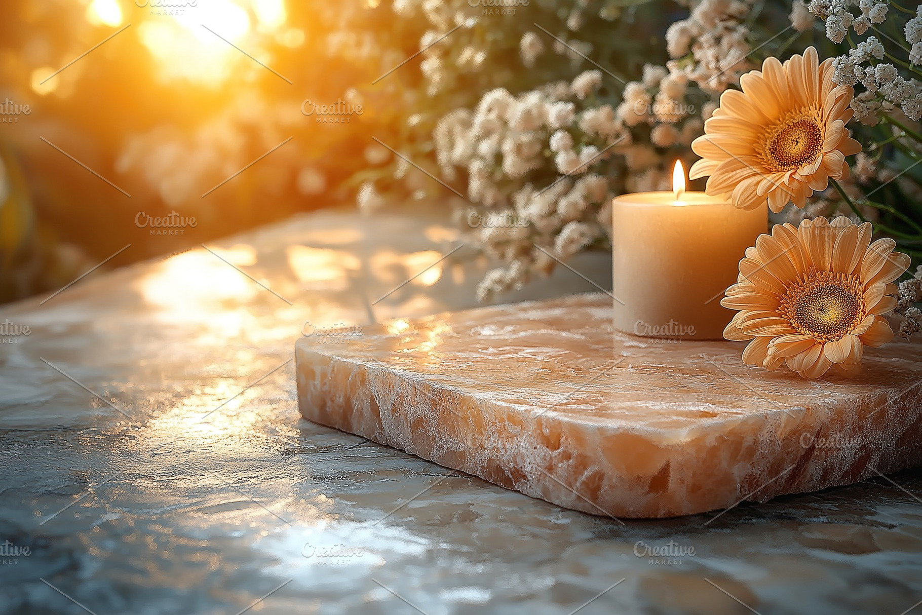 A serene setting with a glowing candle, yellow gerbera daisies, and soft sunlig, a Background Photo by ImageMir