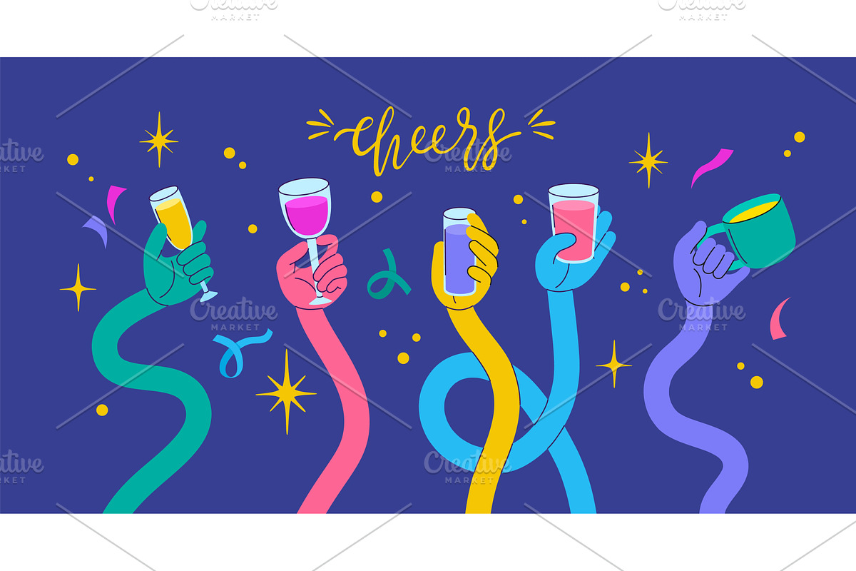 Flexible hands cheers banner. Curved, a Food Illustration by Valerie Bodnar