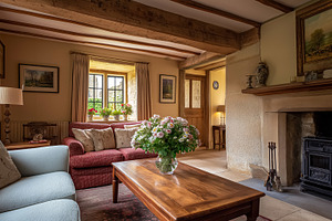 Cozy rustic living room with exposed wooden beams, a traditional fireplace, and, an Architecture Photo by Studio ANNA