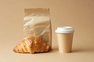 French pastry croissant with paper takeaway bag and cup of drink on beige backg, a Food & Drink Photo by AlyaAnd