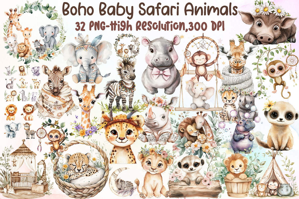 Watercolor Cute Boho Baby Safari Ani, an Illustration by Sublimation Artist (Photo 1 of 6)