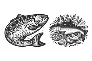 Salmon Fish engraving set vector, an Animal Illustration by AlexArt