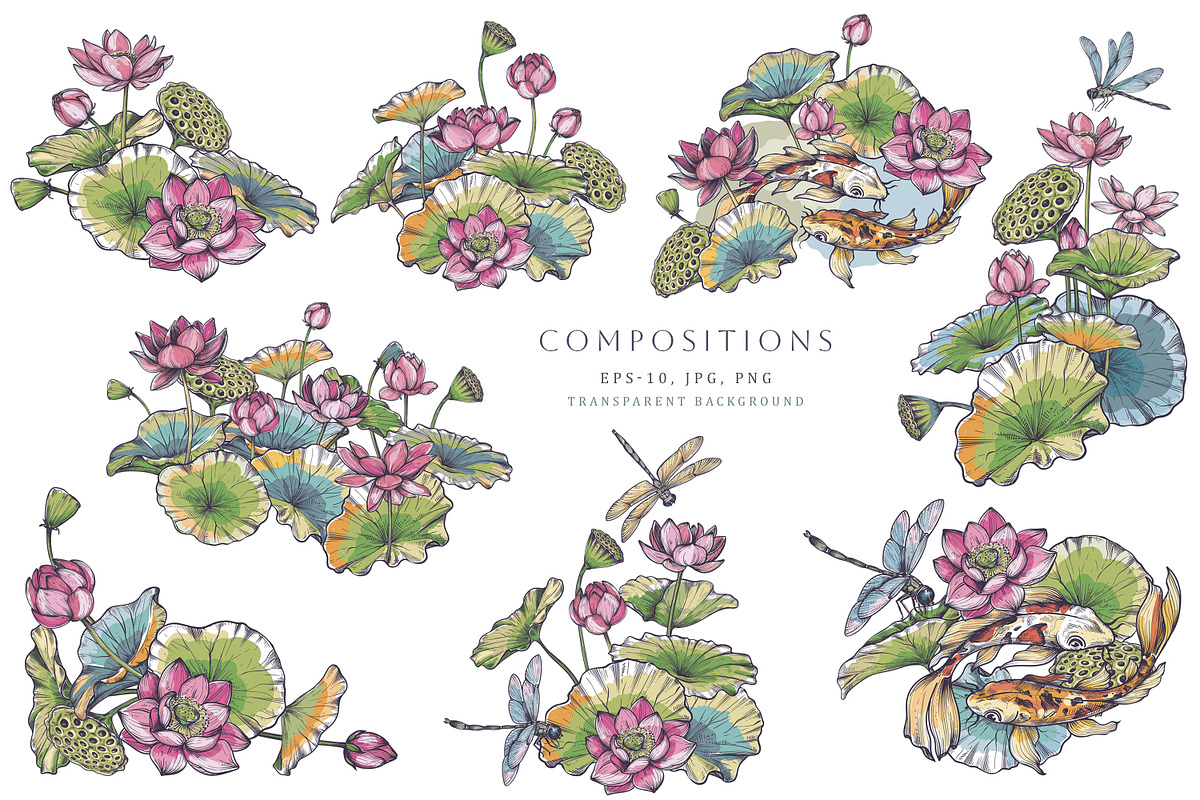 Lotus, Koi, Dragonflies. Vector Set, a Pattern Graphic by Molly art (Photo 4 of 14)