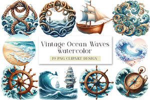 Vintage Ocean Waves Watercolor, a Seasonal Illustration by DreamArtGraphic