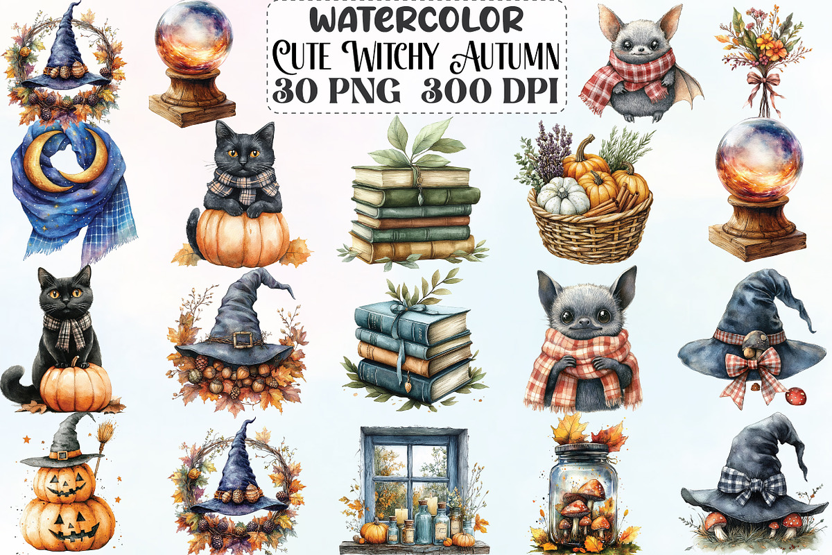 Watercolor Cute Witchy Autumn PNG, an Illustration by CraftArtStudio (Photo 1 of 6)