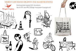 Urban life hand drawn illustrations