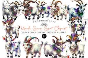 Watercolor Mardi Gras Goat Clipart, an Illustration by DreamCafeArt