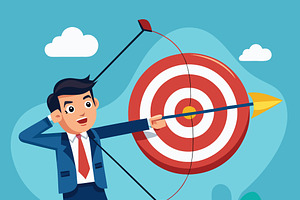 Businessman aiming arrow at with bow