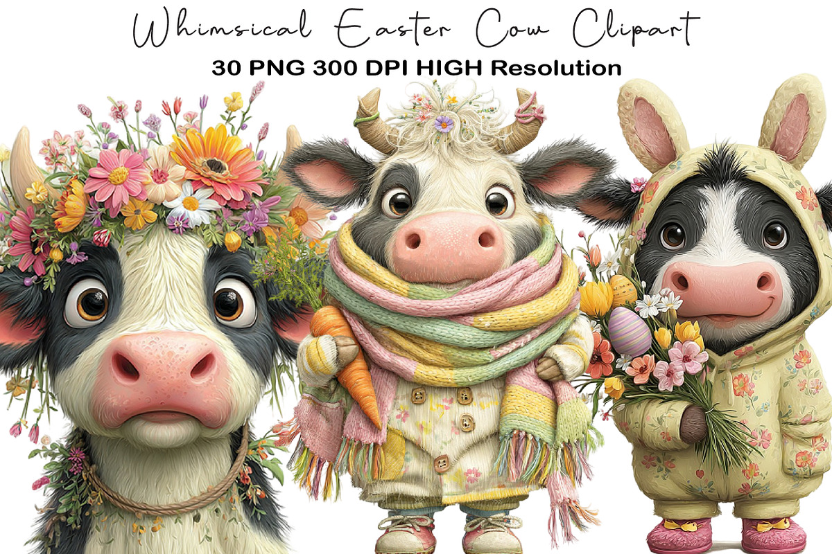 Whimsical Easter Cow Clipart, an Illustration by Black Bird Studio (Photo 1 of 5)