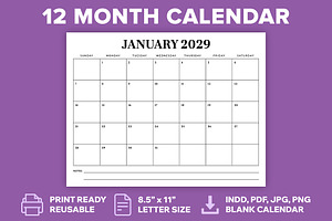 2029 8.5 x 11 Inch Calendar Template