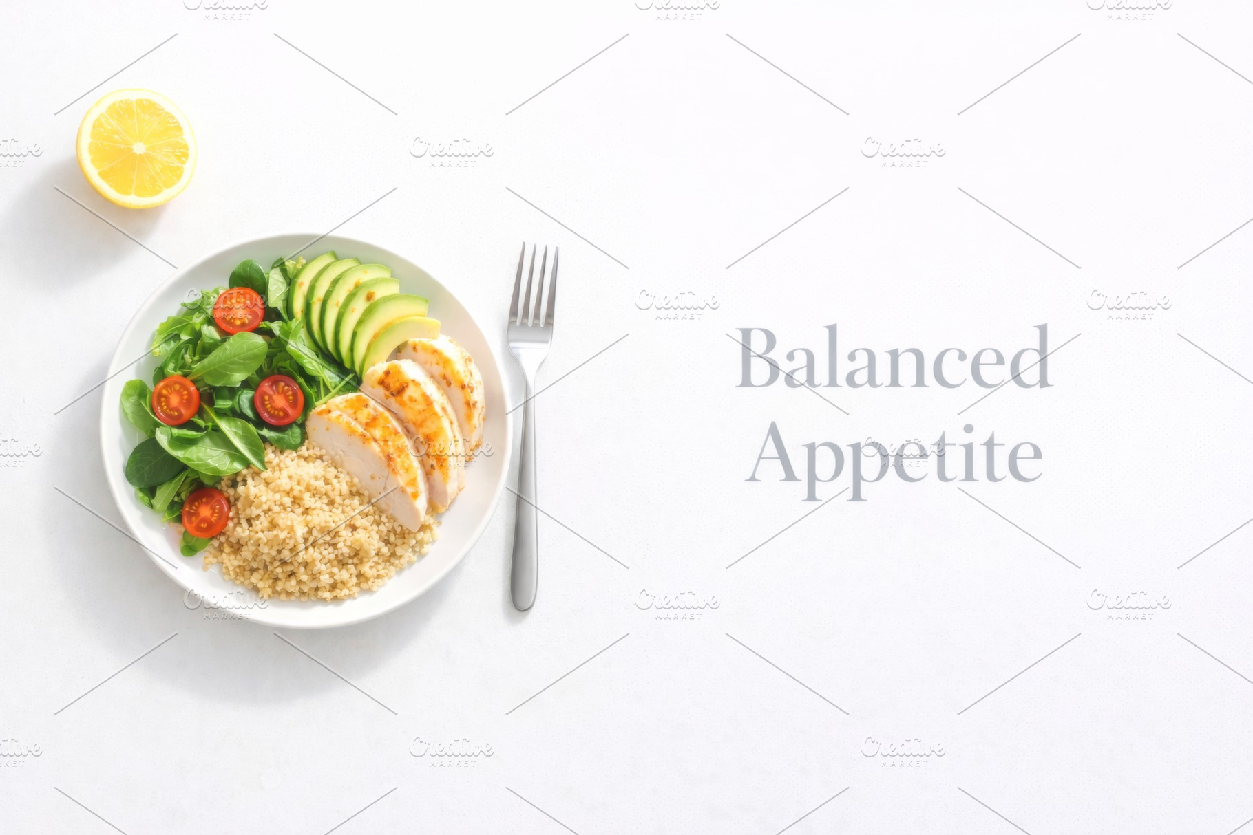 Balanced meal with chicken, quinoa, avocado, and spinach on whit, a Photo by Dvoevnore photos