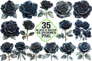 Black and Silver Glam Roses Clipart, an Illustration by Pixels.Craft