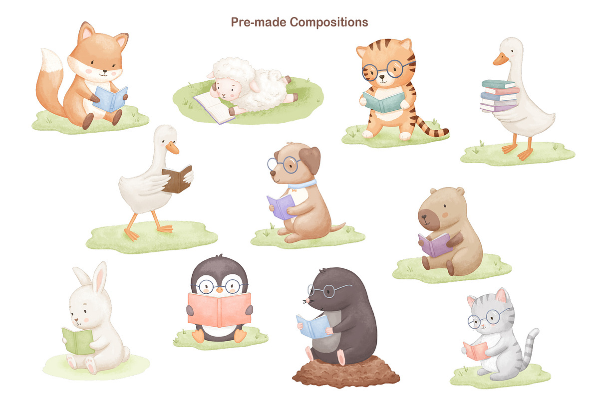 Reading Animals Watercolor Clipart, an Animal Illustration by ElenaPlatovaArt (Photo 6 of 22)