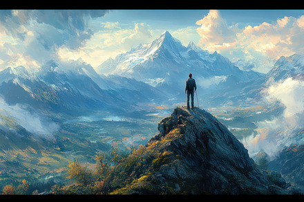 Mountaineer atop a peak surveys snow, a Background Photo by Pixeness