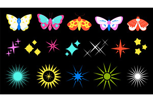 Neon Butterfly And Stars. Sun Rays