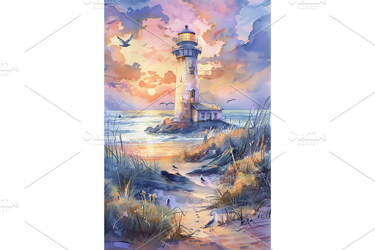 Watercolor Lighthouse on Cliff, a Decorative Illustration by Art Paradise Studios