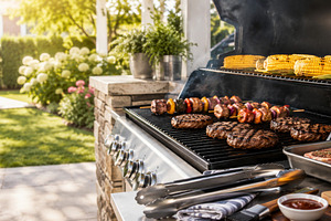 Summer BBQ banner with grilled meats, a Photo by Dvoevnore photos