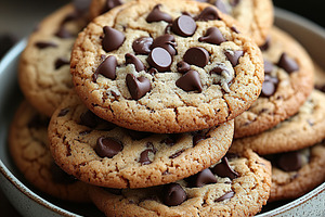 Brown chocolate chip cookies stacked on ceramic dish ready for enjoyment and sh, a Food & Drink Photo by AlyaAnd