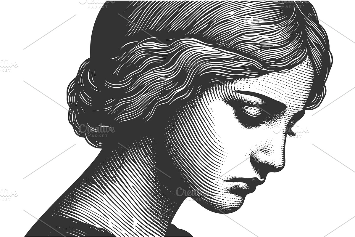 Melancholic woman engraving vector, a Person Illustration by AlexArt