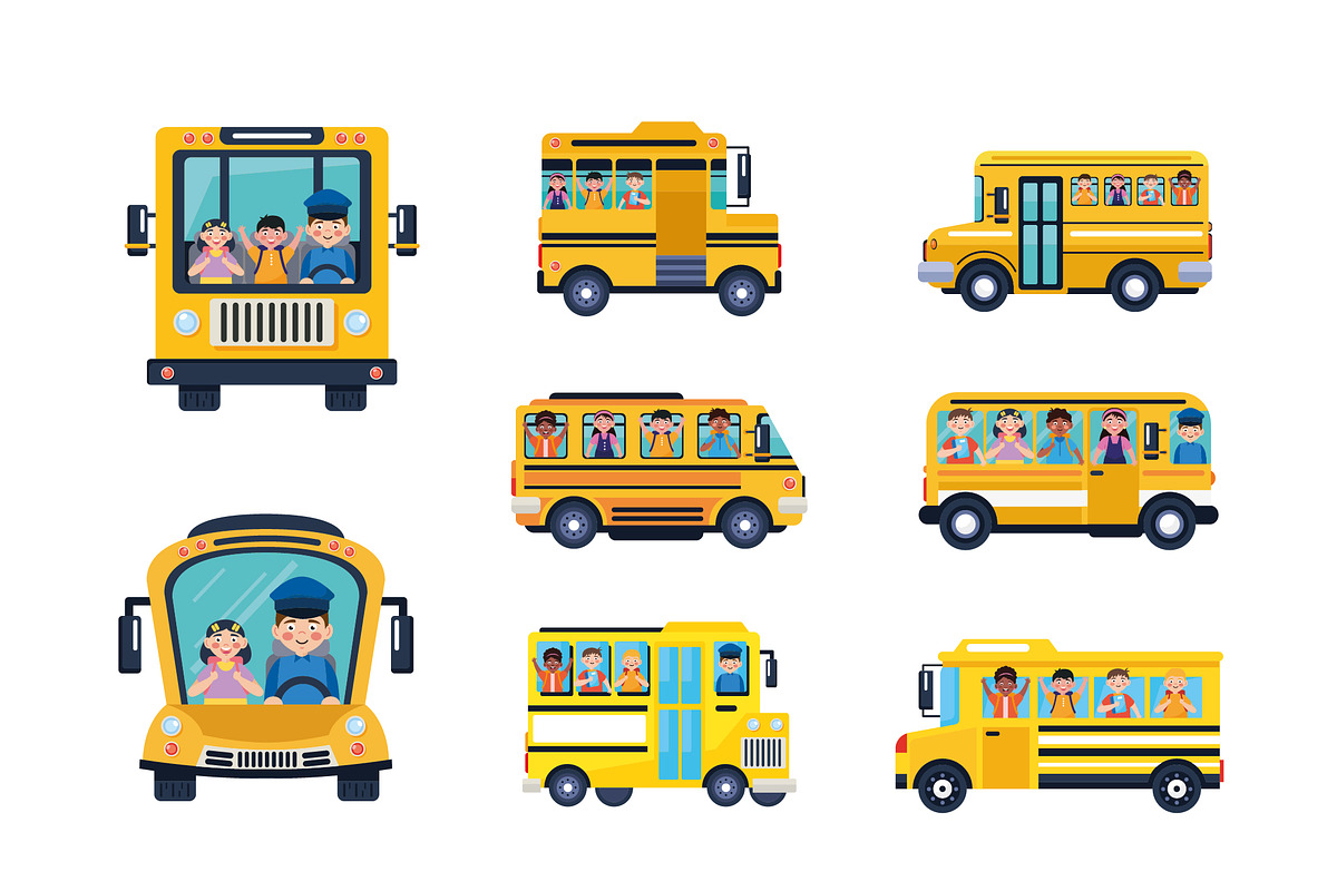 Student School Bus Illustration Set