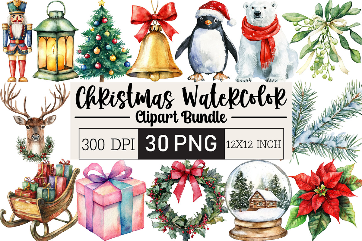 Funny Christmas Watercolor Clipart, an Illustration by Black Bird Studio (Photo 1 of 6)
