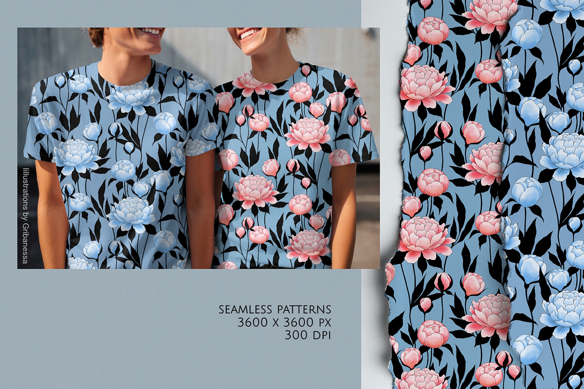 Peony & Buds Patterns, a Pattern Graphic by Gribanessa (Photo 2 of 4)