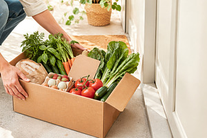 Person holding box of fresh vegetabl, a Photo by Dvoevnore photos