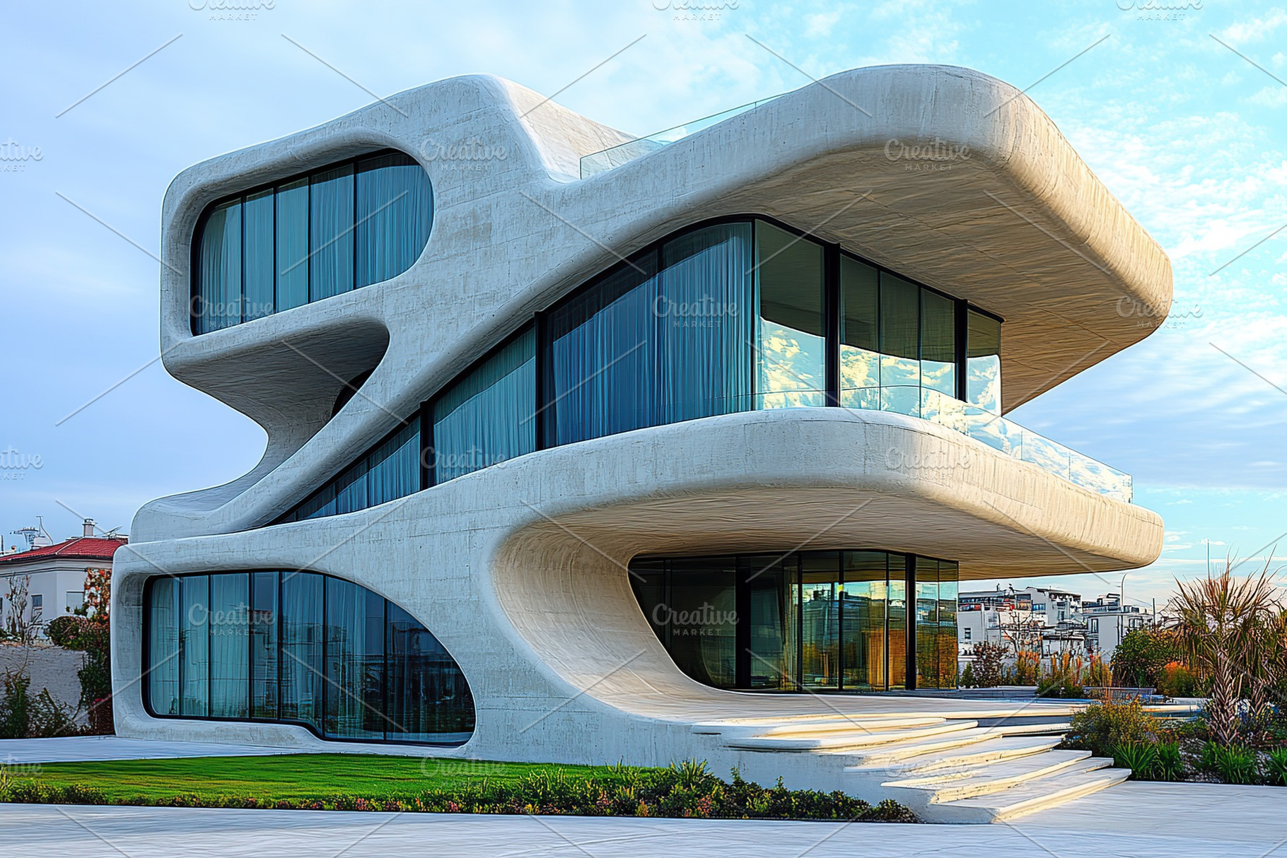 Beautiful futuristic facade of house building, an Architecture Photo by AlyaAnd