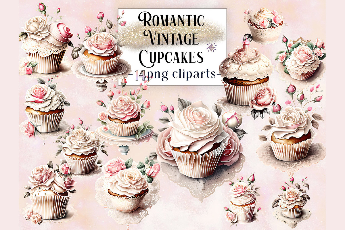 Vintage Romantic Cupcakes Cliparts, a Food Illustration by EdeniaArtStudio (Photo 1 of 5)