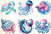 Watercolor Blue & Pink Sea Life Clip, an Illustration by DreamCafeArt (Thumbnail 2 of 4)