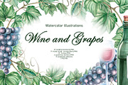 Wine and Grapes,watercolor clip art, a Food Illustration by SvetLana (Thumbnail 1 of 16)
