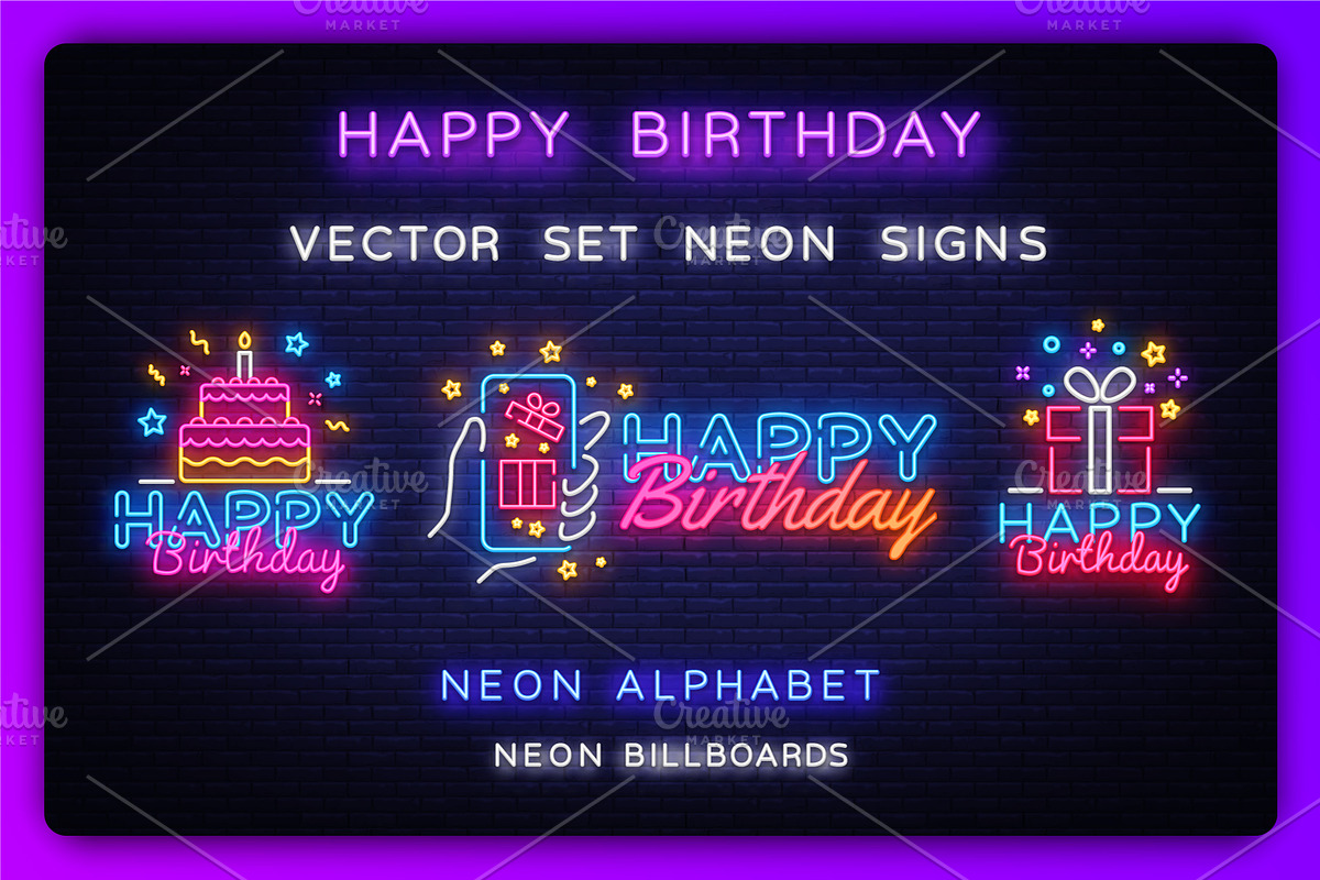 Happy Birthday Neon Signs, a Decorative Illustration by Soifer Design (Photo 2 of 3)