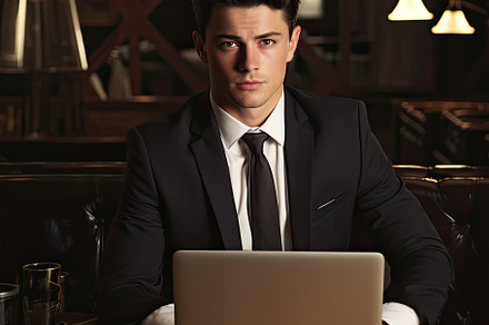 Young business man using laptop on o, a Photo by SaroStock