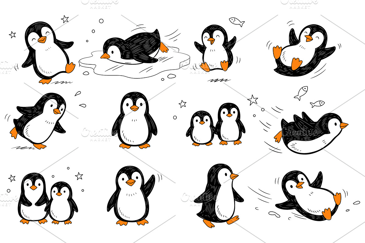 Cute Penguin Cartoon Doodle Set, an Animal Illustration by Ghagra (Photo 2 of 3)