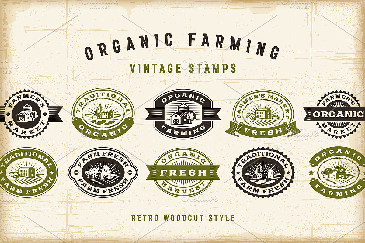 Vintage Organic Farming Stamps Set, a Texture Illustration by Retro Graphics (Photo 1 of 2)