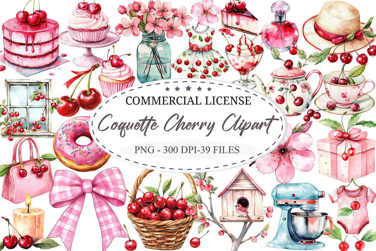 Watercolor Coquette Cherry Clipart, a Seasonal Illustration by designcity5 (Photo 1 of 5)