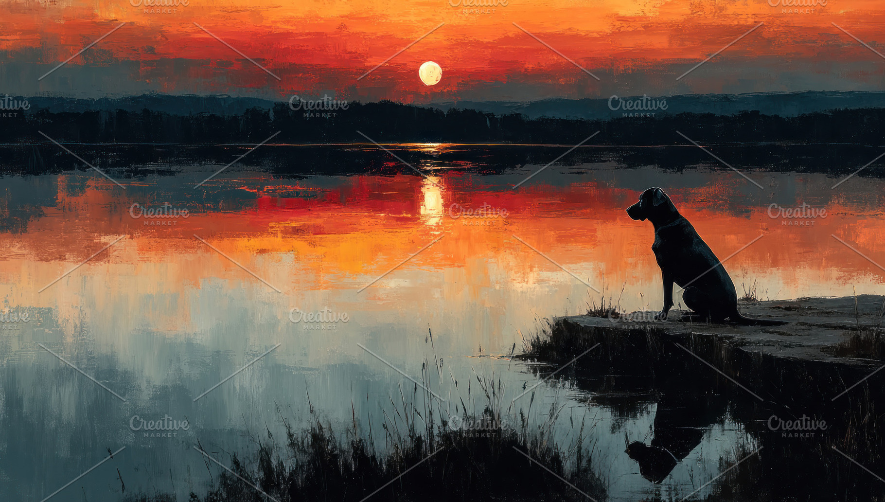 Dog sitting quietly at edge of a lake during vivid orange sunset, an Animal Photo by José Manuel Gelpi
