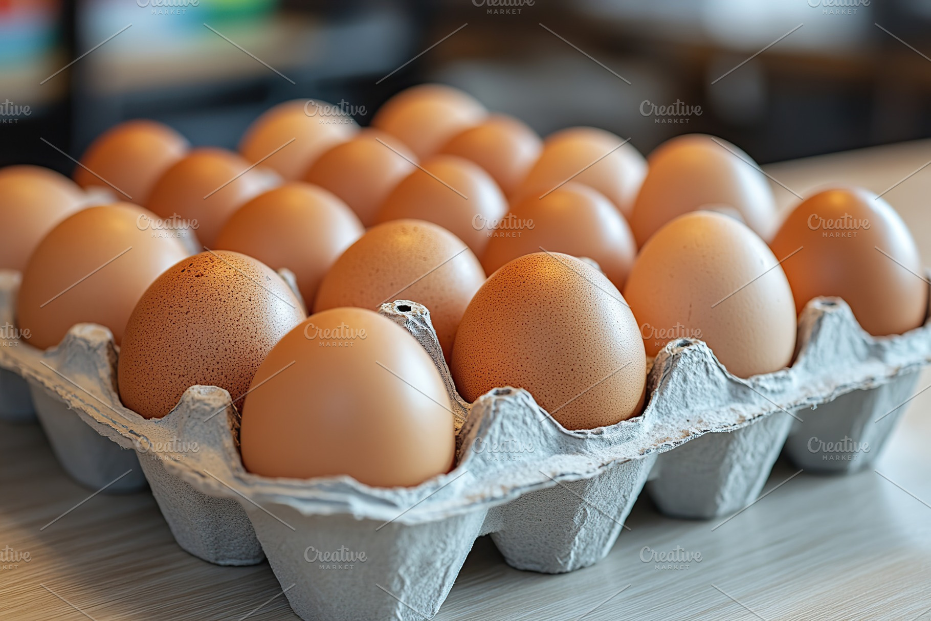 Rows of brown eggs in a carton ready for cooking or baking in a kitchen setting, a Food & Drink Photo by AlyaAnd