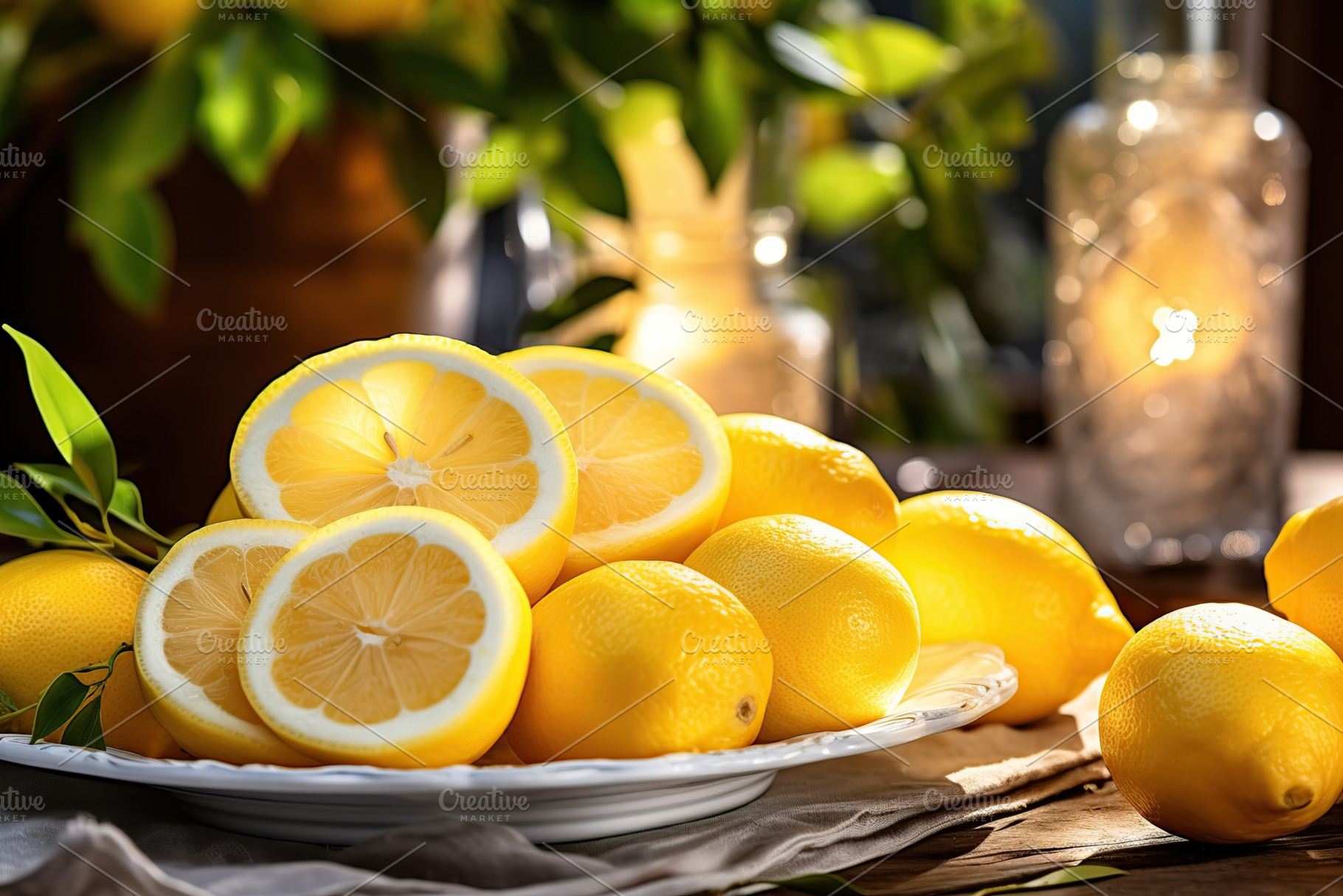 Fresh lemons with green leaves in plate, a Food & Drink Photo by AlyaAnd