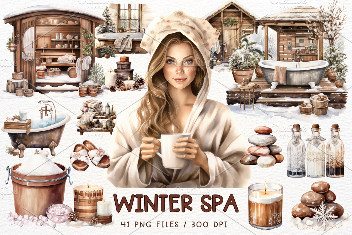 Winter Spa Watercolor Clipart Bundle, a Seasonal Illustration by Maysa Art (Photo 1 of 6)