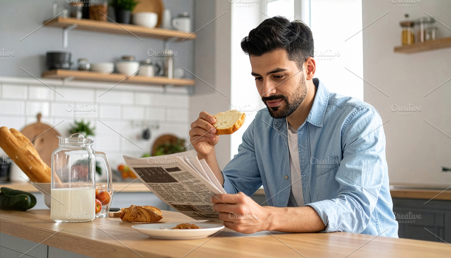 Young Man Reading Newspaper During Breakfast, a Photo by Davizro's Market