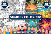 100 Summer Coloring Pages For Adults, a Seasonal Illustration by BrightMart (Thumbnail 1 of 4)