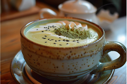 Luxurious matcha latte topped with, a Food & Drink Photo by Lermont51