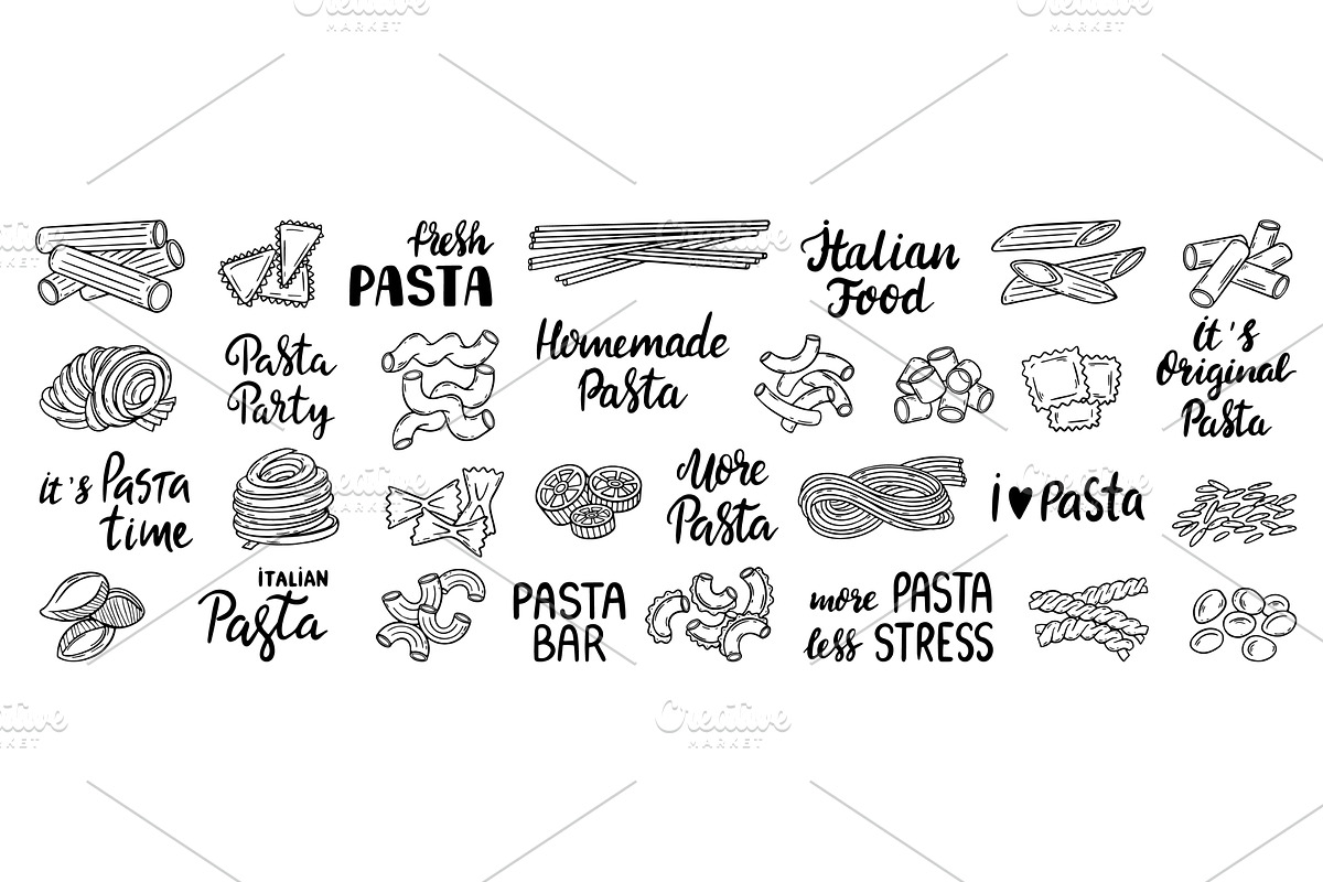 Pasta lettering. Pizza pasta meals, a Food Illustration by Valerie Bodnar