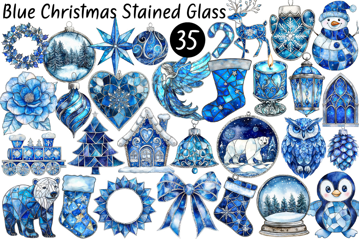 Blue Christmas Stained Glass Bundle, a Seasonal Illustration by CitraGraphics (Photo 1 of 8)